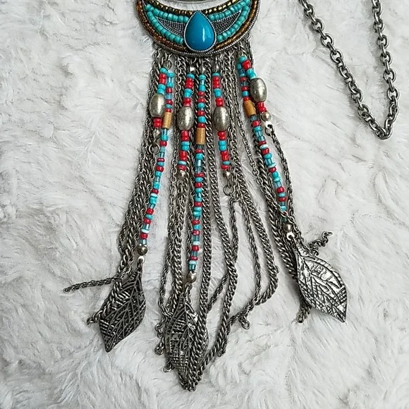 Vintage Boho Tribal Fringe Tassle Beaded Leaf Long Costume Necklace Aztec - Picture 2 of 3